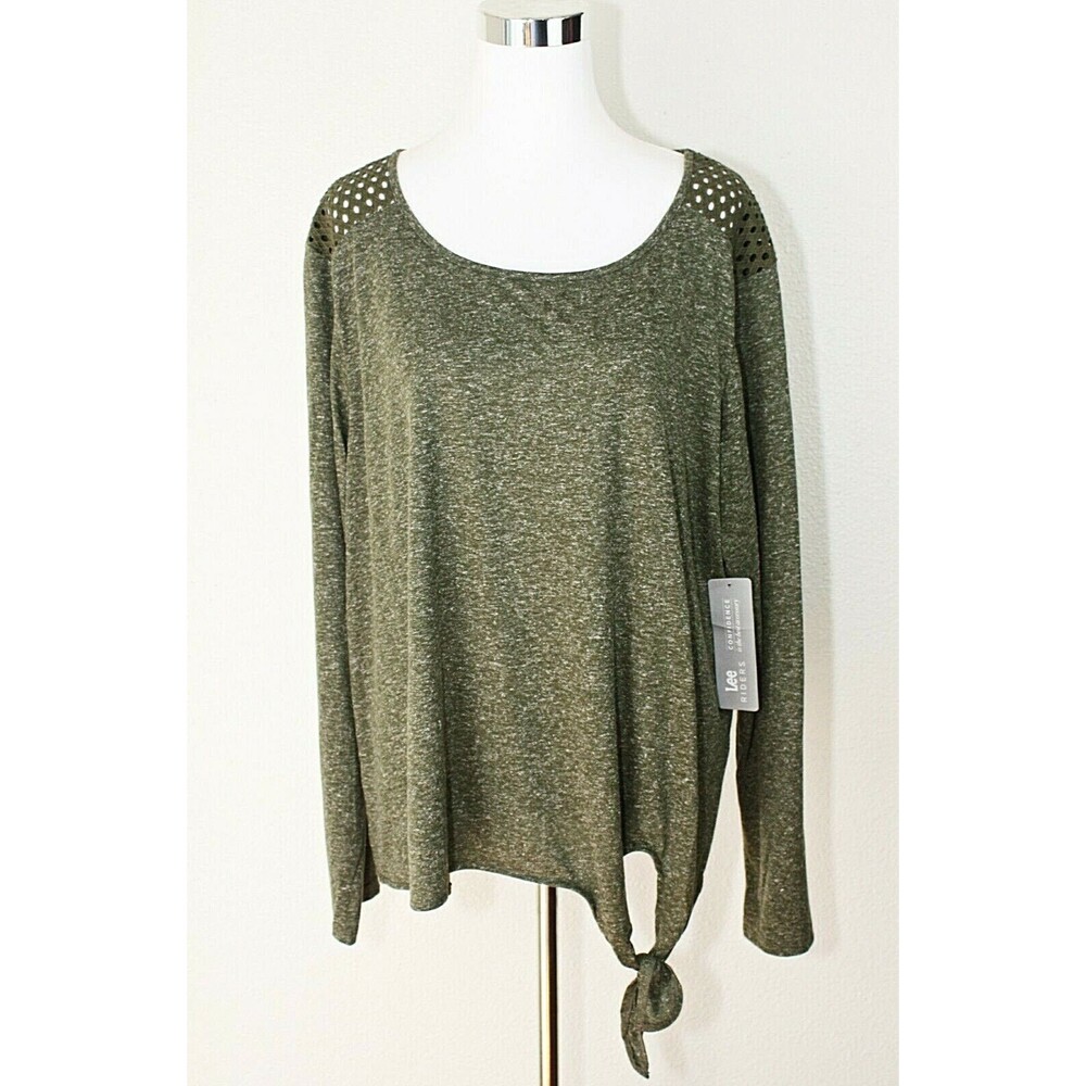 NWT LEE RIDERS Knit Top Sz. 1X  Green White Marled Lace Ties LS Casual #03